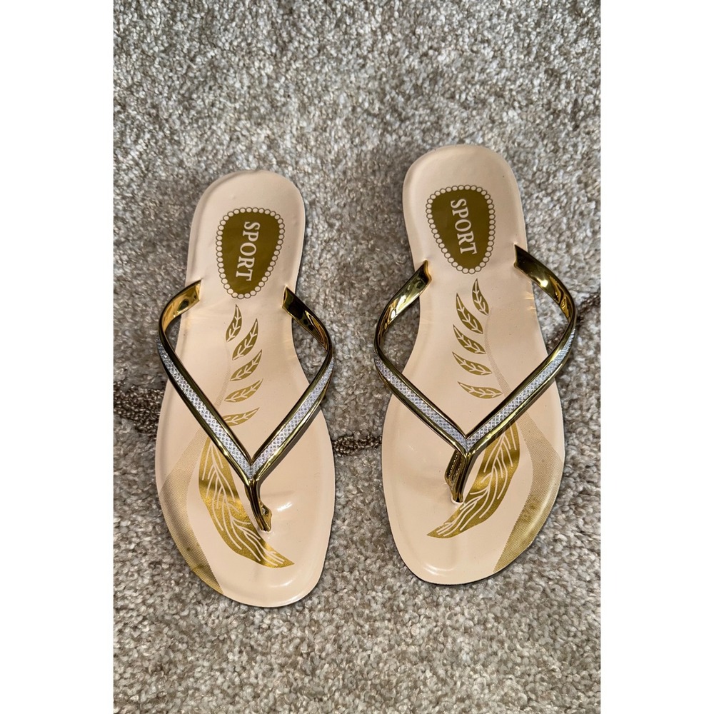 Women Sport Gold Glitter Thong Flip Flop Sandals Beige Metallic Leaf Size 8 41
